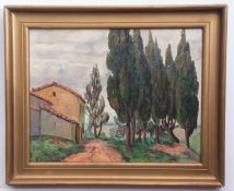 Gaston Bouchimet, signed oil on board, French landscape with farmhouse amongst pines, 46 x 55cm