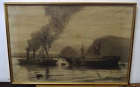 Indistinctly signed charcoal and wash drawing, Tug boats pulling a wreck, 50 x 75cm