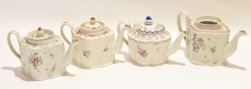 Group of four late 18th century Newhall type turreted tea pots and covers (one cover lacking) with