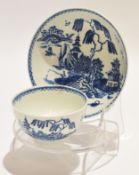 18th century Lowestoft tea bowl and saucer with a printed blue and white design, the saucer 12cm