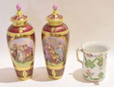 Pair of Vienna style vases and a further Dresden Continental porcelain tyg with a floral design