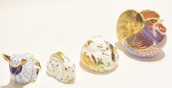 Collection of Royal Crown Derby paperweights modelled as a chicken, rabbit and others, chicken 9cm