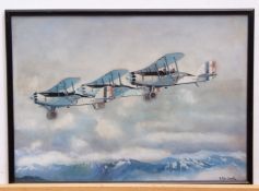 V Fitzgerald, signed watercolour and gouache, Group of three British bi-planes in flight over