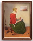 R Newbold, signed modern oil, After Vermeer, Interior scene, 59 x 44cm