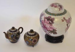 Cloisonne jar and ewer with cloisonne tea pot and further jar, largest 14cm