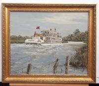 S C Collier, signed oil on board, Paddle steamer, Southern Comfort, 45 x 55cm