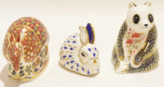 Group of three Royal Crown Derby paperweights modelled as a Panda, Rabbit and other other, Panda