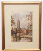 A J Cole, signed watercolour, "Salisbury Cathedral from Palace garden, Sept 5 1876", 24 x 16cm