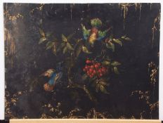 Unsigned oil and gilt on panel, Exotic birds on a branch with berries, 44 x 58cm, unframed