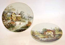 Two Continental pottery plaques, one decorated with an Alpine scene, the other with a winter