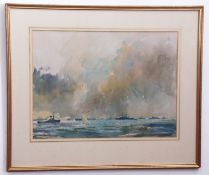 Attributed to Norman Wilkinson, watercolour and gouache, A Naval Fleet, 35 x 48cm