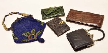 Packet: vintage tortoiseshell type mounted and bead work evening bag, snakeskin purse, snakeskin