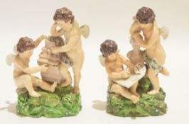 Pair of 19th century Derby groups of putti representing the Arts, 14cm high (some damage) (2)