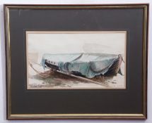 David Poole, signed watercolour, inscribed "Boat draped with green sail 1975", 21 x 38cm