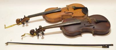 Vintage violin, replica Stradivarius label within and one other plus a bow (3)