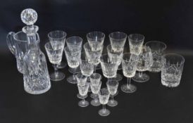 Waterford 'Lismore' Cut glass decanter and water jug together with assorted wine glasses, tumblers