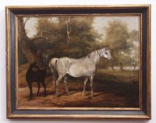 19th century English School, oil on canvas, Mare and foal in landscape, 48 x 64cm