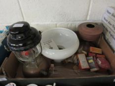 BOX CONTAINING A TILLEY LAMP, OIL LAMP ETC