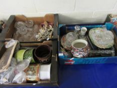 THREE BOXES CONTAINING MIXED JARDINIERES, MIXED GLASS WARES, STAINLESS STEEL FLATWARES, IMARI
