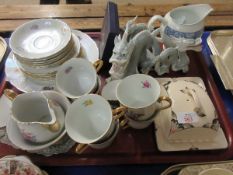 TRAY CONTAINING MIXED CONTINENTAL FLORAL PRINTED TEA WARES TOGETHER WITH MIXED DRAGON ORNAMENTS ETC