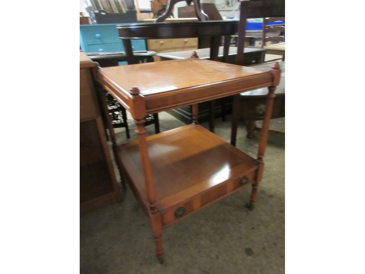 REPRODUCTION YEW WOOD TWO-TIER SIDE TABLE WITH SINGLE DRAWER WITH FOUR TURNED COLUMNS