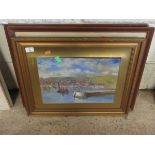 UNSIGNED OIL, HARBOUR SCENE, 28 X 40CM, TOGETHER WITH A PAIR OF GOUACHE BY J MAC BANE (3)