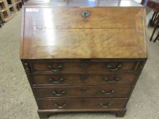 GEORGE III PERIOD MAHOGANY BUREAU, FALL FRONT WITH FITTED INTERIOR OVER FOUR DRAWERS ON BRACKET
