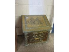 PRESSED BRASS COAL BOX WITH SLOPED TOP, A TWISTED BRASS CANDLESTICK, MORTAR, SHOE HORN ETC