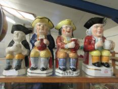 GROUP OF FOUR LATE 19TH CENTURY STAFFORDSHIRE AND CONTINENTAL TOBY JUGS, ALL MODELLED AS TOBY WITH