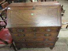 GEORGE III PERIOD MAHOGANY BUREAU, FALL FRONT AND FITTED INTERIOR AND FOUR DRAWERS BELOW, 38CMS