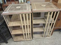 PAIR OF UNSTAINED AND INLAID REVOLVING BOOKCASES