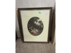 THREE FRAMED PRINTS, TWO BY P W TOMPKINS INCLUDING “SHELLING PEAS”, “GATHERING NUTS” AND “