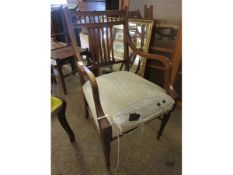 EDWARDIAN MAHOGANY ARMCHAIR WITH SPLAT BACK AND UPHOLSTERED SEAT