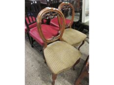 PAIR OF WALNUT FRAMED BALLOON BACK DINING CHAIRS WITH FRETWORK DETAIL ON CABRIOLE FRONT LEGS