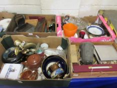 FOUR BOXES OF MIXED CHINA WARES, LUSTRE JUG, PEWTER WARES, GLASS BOWLS ETC (4)