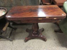 VICTORIAN MAHOGANY FOLD OVER CARD TABLE WITH GREEN BAIZE LINED INTERIOR ON A HEXAGONAL BASE