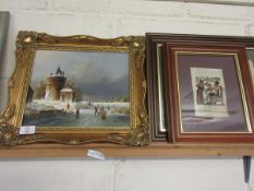 MODERN GILT FRAMED CONTINENTAL OIL ON BOARD, TOGETHER WITH TWO BANANA LEAF PICTURES (3)