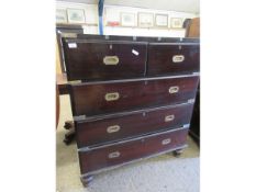 GOOD QUALITY HARDWOOD CAMPAIGN CHEST OF TWO OVER THREE FULL WIDTH DRAWERS WITH INSET BRASS HANDLES