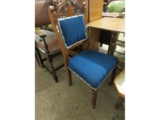 EDWARDIAN WALNUT CARVED DINING CHAIR WITH BLUE UPHOLSTERED SEAT AND BACK AND CARVED TOP RAIL