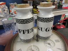 PAIR OF PORTMEIRION GREEK KEY PATTERN CONTAINERS, BOTH WITH CORK TOPS, ONE FOR SUGAR, THE OTHER