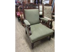 EDWARDIAN WALNUT CARVED FRAMED GENTLEMAN’S CHAIR WITH GREEN STRIPED UPHOLSTERY