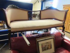 EDWARDIAN MAHOGANY COTTAGE SOFA WITH FRETWORK CARVED BACK SPLAT AND SHAPED FRONT LEGS