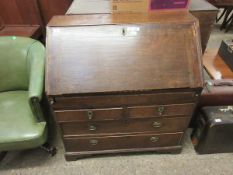 18TH CENTURY OAK BUREAU, FALL FRONT ENCLOSING PARTIALLY FITTED INTERIOR WITH WELL OVER TWO SHORT AND