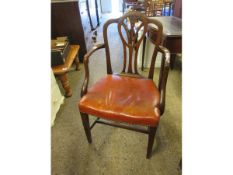 GEORGIAN MAHOGANY SPLAT BACK ARMCHAIR WITH RED LEATHER UPHOLSTERED SEAT ON TAPERING SQUARE LEGS