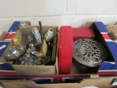 TRAY CONTAINING A PEWTER FLOWER BOWL, MIXED ORNAMENTS ETC