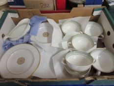 BOX CONTAINING MIXED ROYAL DOULTON BERKSHIRE TWO-HANDLED SOUP CUPS, ASSORTED NEW ROMANCE PLATES (