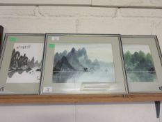 CHINESE SCHOOL, ALL SIGNED GROUP OF THREE WATERCOLOURS, ORIENTAL LANDSCAPES, ASSORTED SIZES (3)