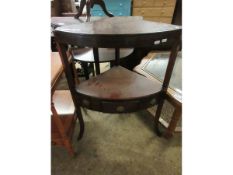 GEORGIAN MAHOGANY CORNER WASH STAND WITH SINGLE DRAWER WITH RINGLET HANDLES AND SPLAYED LEGS