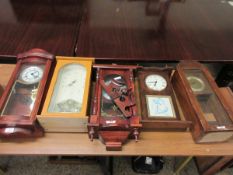 FIVE ASSORTED TEAK FRAMED DIAL CLOCKS (5)