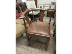 LATE 18TH CENTURY ELM CORNER CHAIR WITH BROWN LEATHER SEATS